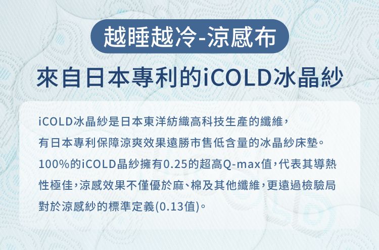 越睡越冷涼感布來自日本專利的iCOLD冰晶紗iCOLD冰晶紗是日本東洋紡織高科技生產的纖維,有日本專利保障涼爽效果遠勝市售低含量的冰晶紗床墊。100%的晶紗擁有0.25的超高Q-max值,代表其導熱性極佳,涼感效果不僅優於麻、棉及其他纖維,更遠過檢驗局對於涼感紗的標準定義(0.13值)。