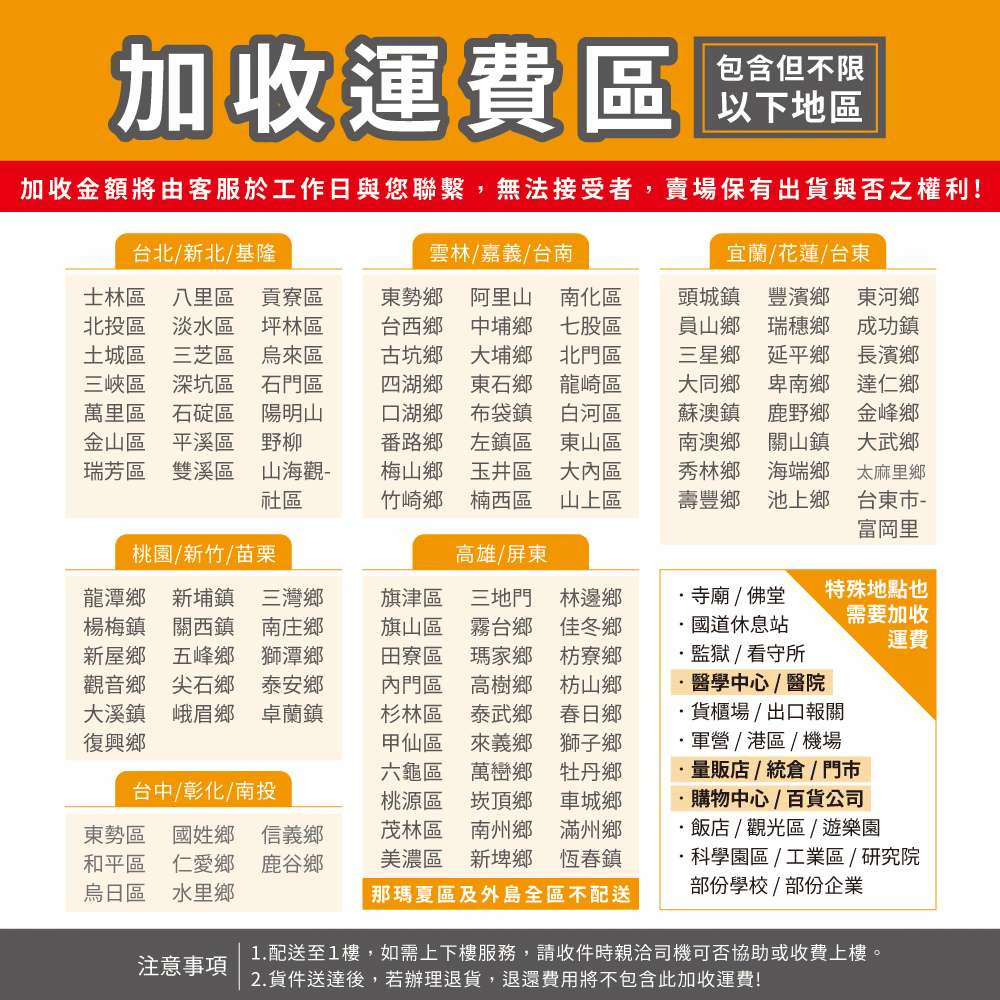 加收運費區包含但不限以下地區加收金額將由客服於工作日與您聯繫,無法接受者,賣場保有出貨與否之權利!台北/新北/基隆雲林/嘉義/台南宜蘭/花蓮/台東士林區 八里區 貢寮區北投區 淡水區 坪林區土城區 三芝區 烏來區三峽區 深坑區 石門區萬里區 石碇區 陽明山金山區 平溪區 野柳瑞芳區 雙溪區 山海觀社區東勢鄉 阿里山 南化區台西鄉 中埔鄉 七股區古坑鄉四湖鄉頭城鎮 豐濱鄉員山鄉東河鄉大埔鄉東石鄉北門區三星鄉瑞穗鄉延平鄉成功鎮龍崎區口湖鄉布袋鎮白河區番路鄉左鎮區東山區梅山鄉 玉井區 大內區竹崎鄉 楠西區 山上區大同鄉蘇澳鎮南澳鄉秀林鄉壽豐鄉卑南鄉鹿野鄉關山鎮海端鄉池上鄉長濱鄉達仁鄉金峰鄉大武鄉太麻里鄉台東市-富岡里桃園/新竹/苗栗高雄/屏東龍潭鄉 新埔鎮 三灣鄉楊梅鎮 關西鎮 南庄鄉新屋鄉 五峰鄉 獅潭鄉觀音鄉 尖石鄉 泰安鄉大溪鎮 峨眉鄉 卓蘭鎮復興鄉六龜區台中/彰化/南投東勢區 國姓鄉 信義鄉和平區 仁愛鄉 鹿谷鄉烏日區 水里鄉桃源區茂林區旗津區 三地門 林邊鄉旗山區 霧台鄉田寮區 瑪家鄉內門區 高樹鄉杉林區 泰武鄉甲仙區 來義鄉 獅子鄉萬巒鄉 牡丹鄉崁頂鄉 車城鄉南州鄉 滿州鄉美濃區 新埤鄉 恆春鎮佳冬鄉枋寮鄉枋山鄉春日鄉寺廟/佛堂國道休息站監獄/看守所醫學中心/醫院貨櫃場/出口報關軍營/港區/機場量販店/統倉/門市購物中心/百貨公司運費特殊地點也需要加收飯店/觀光區/ 遊樂園·科學園區/工業區/研究院部份學校/部份企業注意事項那瑪夏區及外島全區不配送1.配送至1樓,如需上下樓服務,請收件時親洽司機可否協助或收費上樓。2.貨件送達後,若辦理退貨,退還費用將不包含此加收運費!