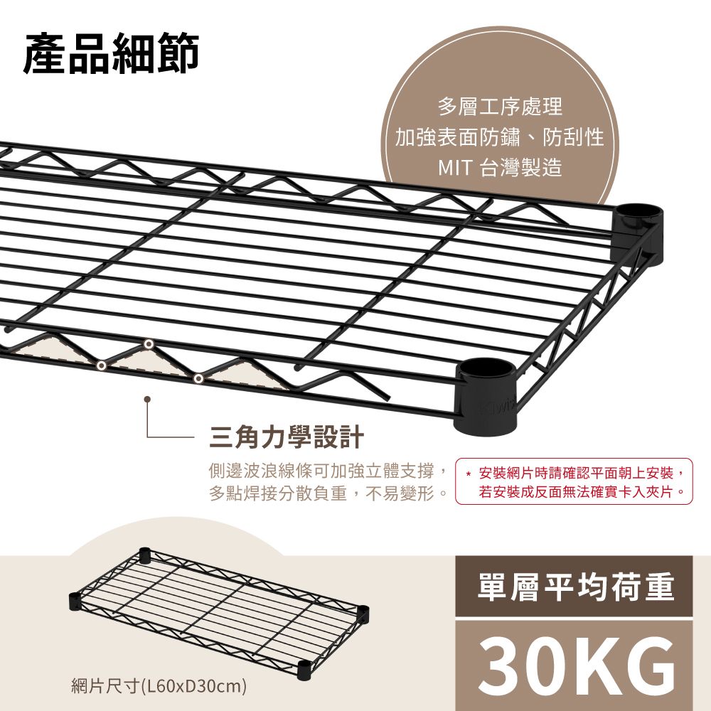 KIWISH 奇意生活館 鐵架MIT輕型60x30x60cm三層置物架-質感黑 (鐵架/收納架/層架/置物架/電鍍鉻架/波浪架/貨架/鐵力士架)