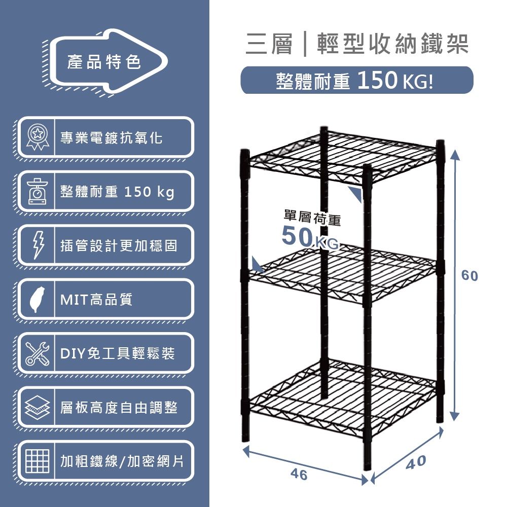 KIWISH 奇意生活館 輕型46x40x60cm三層置物架 【質感黑】每層高度可調整 收納架 鐵架 層架 鐵力士架 書架 電器架 置物架