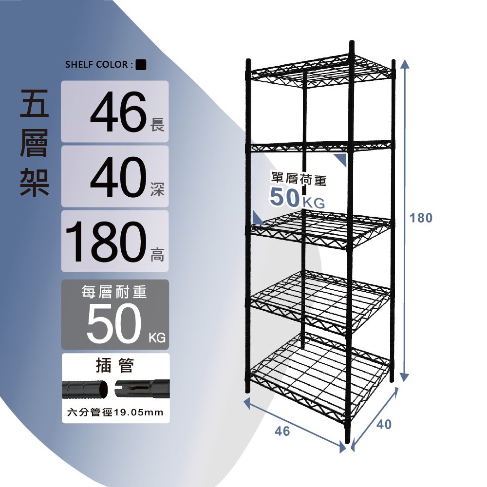 SHELF COLOR: 46長層架 40180萬每層耐重50插管KG單層荷重50KG六分管徑19.05mm4046180