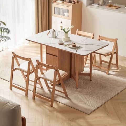 林氏木業北歐原木風靈動岩板摺疊餐桌 OU2R+摺疊餐椅 OU1S (一桌四椅)