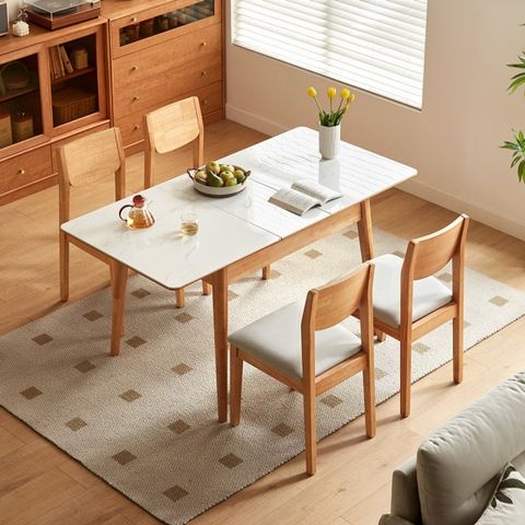 林氏木業常伴原木風岩板可伸縮餐桌組 LH628 (一桌四椅)