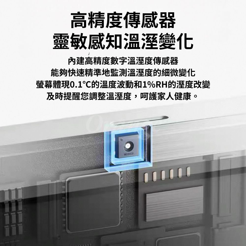 高精度傳感器靈敏感知溫溼變化內建高精度數字溫溼度傳感器能夠快速精準地監測溫溼度的細微變化螢幕體現0.1的溫度波動和1%RH的溼度改變及時提醒您調整溫溼度,呵護家人健康。