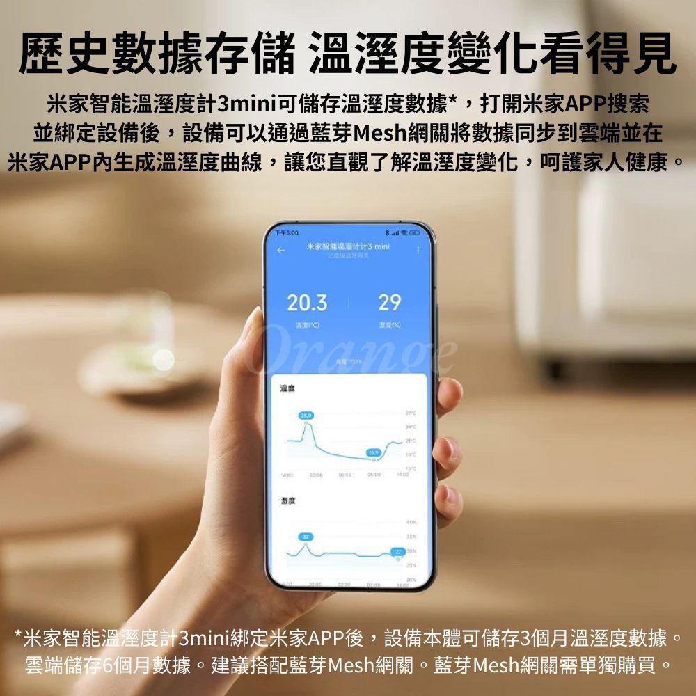 歷史數據存儲 溫溼度變化看得見米家智能溫溼度計mini可儲存溫溼度數據*,打開米家APP搜索並綁定設備後,設備可以通過藍芽Mesh網關將數據同步到雲端並在米家APP生成溫溼度曲線,讓您直觀了解溫溼度變化,呵護家人健康下午3:00米家智能3 mini20.329溫度溫度40%*米家智能溫溼度計3mini綁定米家APP後,設備本體可儲存3個月溫溼度數據。雲端儲存6個月數據。建議搭配藍芽Mesh網關。藍芽Mesh網關需單獨購買。