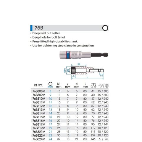 KING TONY 金統立 BIT 12角電動起子頭套筒9mm*80mm KT76B809MA   KT76B809MA