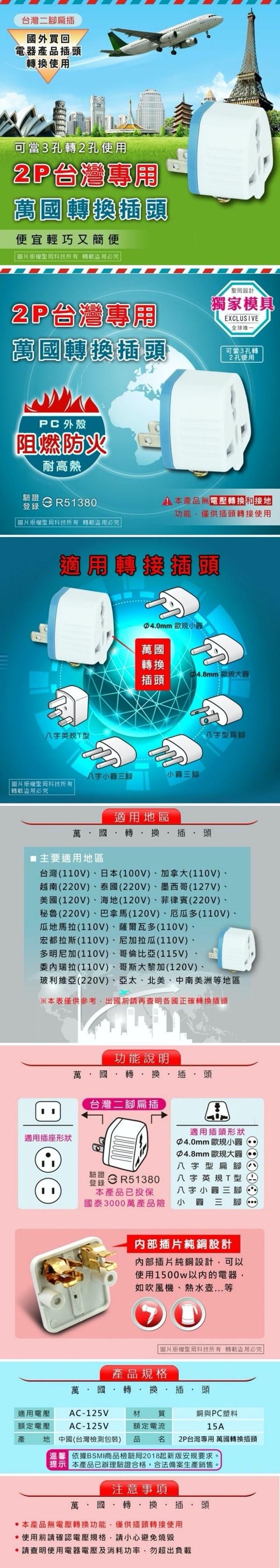 台灣二腳外買回電器品頭換使用可當3孔轉2孔使用台灣專用轉換插頭便宜輕巧又簡便版權聖岡科技所有必究2P台灣專用國轉換插頭聖岡設計獨家模具EXCLUSIVE全球唯一可當3孔轉2孔使用PC 外殼阻燃防火耐高熱驗證登錄 R51380片版權聖岡科技所有必究 本產品無轉換接功能僅供插頭轉接使用適用轉接插頭八字英型40mm 規萬國轉換 歐規插頭八字 小三腳 圖片版權聖岡科技所有「盜用必究八字型扁適用地區萬 國轉換插頭■主要適用地區台灣(110V)日本(100V)加拿大(110V)越南(220V)泰國(220V)墨西哥(127V)、美國(120V)、海地(120V)、菲律賓(220V)、秘魯(220V)、巴拿馬(120V)、厄瓜多(110V)、瓜地馬拉(110V)、薩爾瓦多(110V)、宏都拉斯(110V)、尼加拉瓜(110V)多明尼加(110V)、哥倫比亞(115V)、委內瑞拉(110V)、哥斯大黎加(120V)、玻利維亞(220V)、亞太、北美、中南美洲等地區※本表僅供參考出國前請再查明各國正確轉換插頭適用插座形狀功能說明萬國轉換插頭台灣二腳扁插驗證登錄 本產品已投保適用插頭形狀40mm 歐規4.8mm 歐規大圖八字型扁腳八字英規T型八字三腳國泰3000萬產品險 小三腳內部插片純銅設計內部插片純銅設計,可以使用1500w以內的電器,如吹風機、熱水壺...等圖片版權聖岡科技所有轉載盜用必究產品規格萬 國 轉·換·插頭適用電壓AC-125V材 質銅與PC塑料額定電壓AC-125V額定電流15A產 地 中國(台灣包裝)  名 2P台灣專用 萬國轉換插頭依據BSMI商品檢驗局2018起新版安規要求提示 本產品已辦理驗證合格,合法備案生產銷售注意事項萬·國.轉·換·插 頭本產品無電壓轉換功能,僅供插頭轉接使用.使用前請確認電壓規格,請小心避免燒毀請查明使用電器電壓及消耗功率,勿超出負載