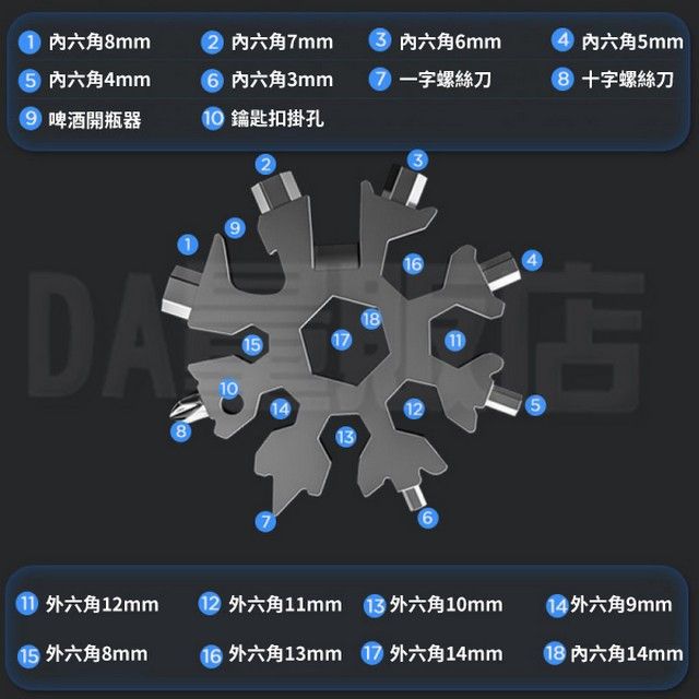  多功能雪花扳手 2入組 贈鑰匙環 緊急維修 螺絲 開瓶器 螺絲刀 六角板手