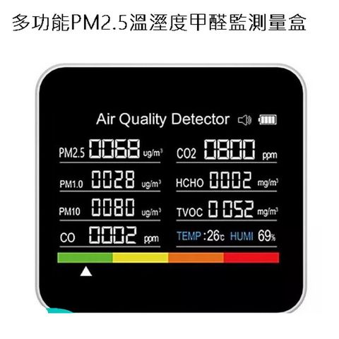 檢測儀實時監測空氣中的CO2濃度CO濃度TVOC值HCHO值PM2.5/PM1.0/PM10值溫度和相對濕度檢測更準確精度更高精度可達1PPM 可USB充電 可隨身攜帶