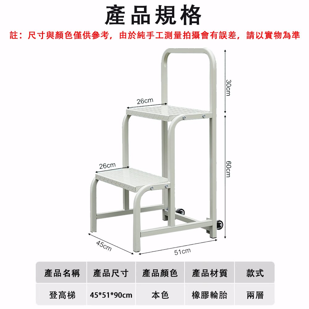 產品規格註:尺寸與顏色僅供參考,由於純手工測量拍攝會有誤差,請以實物為準26cm26cm45cm30cm60cm51cm產品名稱 產品尺寸 產品顏色產品材質款式登高梯 45*51*90cm 本色橡膠輪胎兩層