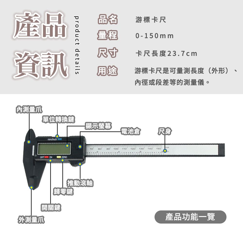 產品資訊量爪product detais品名游標卡尺量程0150mm尺寸卡尺長度23.7cm用途游標卡尺是可量測長度(外形)內徑或段差等的測量儀。單位轉換鍵-顯示螢幕電池倉 尺身mminch lOFFON ZERO7090 100 120 130 140 150【推動滾軸「歸零鍵【開關鍵]外測量爪產品功能一覽