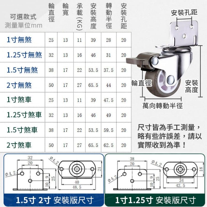  L型花架萬向輪 靜音輪 剎車輪 萬向輪 腳輪 推車輪-1.5寸煞車