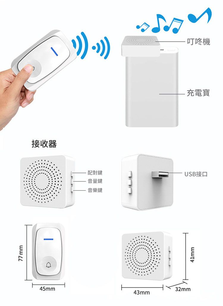 77mm接收器 叮咚-充電寶配對鍵音量鍵音樂鍵USB接口45mm43mm32mmաալի