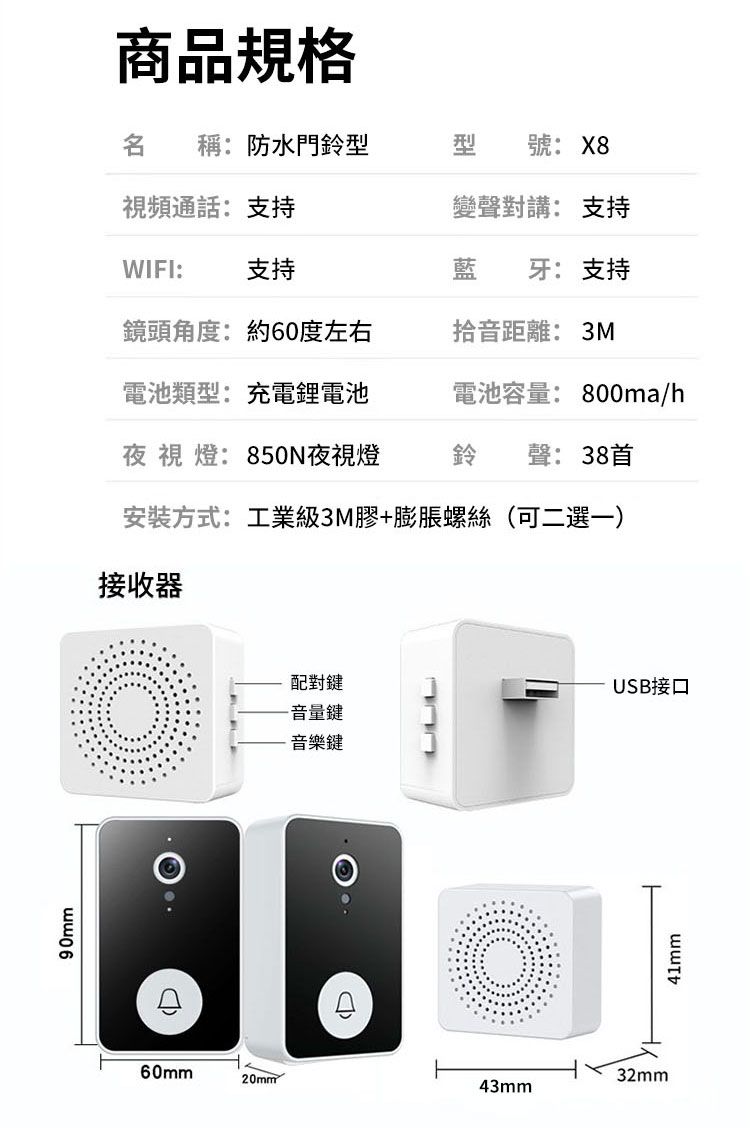 90mm商品規格稱:防水門鈴型型 號: X8視頻通話:支持變聲: 支持WIFI: 支持藍牙:支持鏡頭角度:約60度左右拾音距離: 3M電池類型:充電鋰電池夜視燈:850N夜視燈電池容量: 800ma/h鈴 聲:38首安裝方式:工業級3M膠+膨脹螺絲(可二選一接收器60mm20mm配對鍵USB接口-音量鍵音樂鍵)32mm43mm41mm