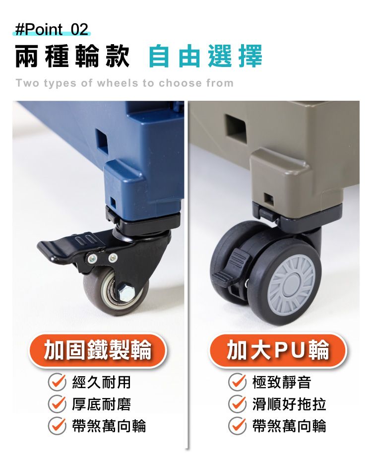 #Point 02兩種輪款 自由選擇Two types of wheels to choose from加固鐵製輪加大PU輪經久耐用厚底耐磨極致靜音滑順好拖拉帶煞萬向輪帶煞萬向輪