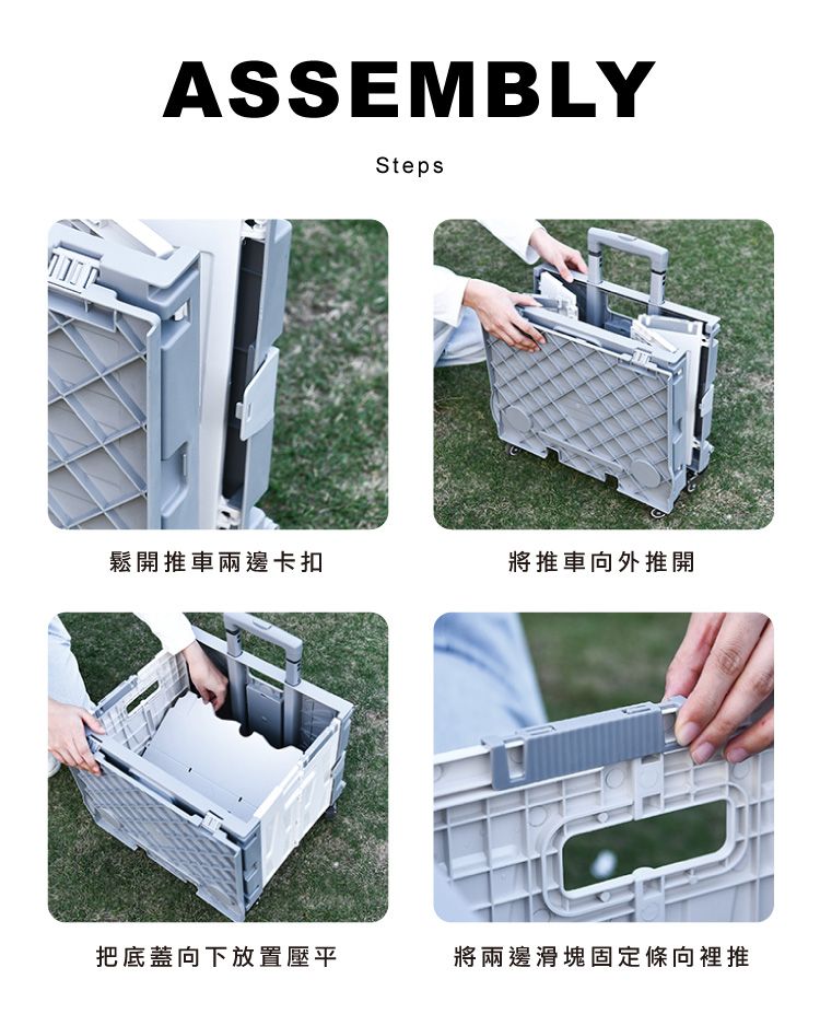 ASSEMBLYSteps鬆開推車兩邊卡扣將推車向外推開把底蓋向下放置壓平將兩邊滑塊固定條向裡推