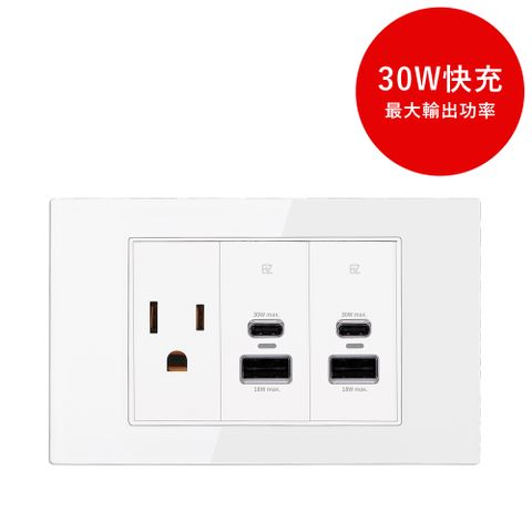 【易智快充】30W USB快充插座面板(AC插座+30W USB快充插座x2)｜鋼化玻璃外蓋