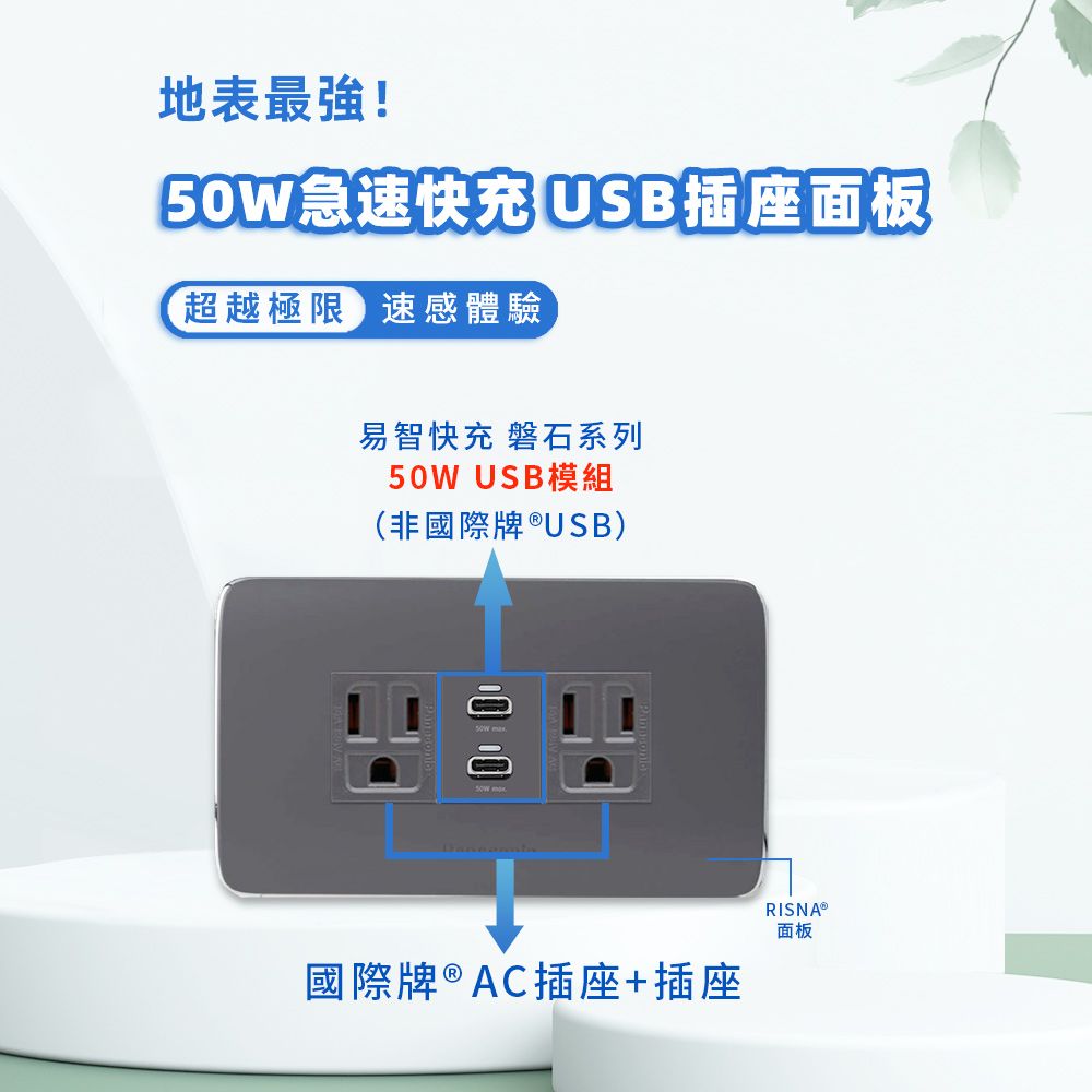 EZ CHARGER 易智快充 國際牌 Panasonic Risna面板-磐石50W USB(C+C)+國際牌AC插座x2