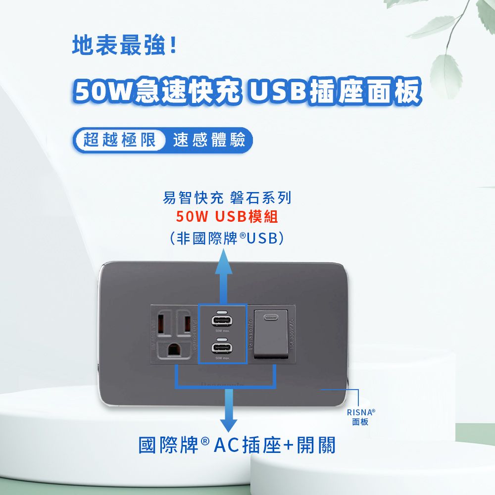 EZ CHARGER 易智快充 國際牌 Panasonic Risna面板-磐石50W USB(C+C)+國際牌AC插座+開關