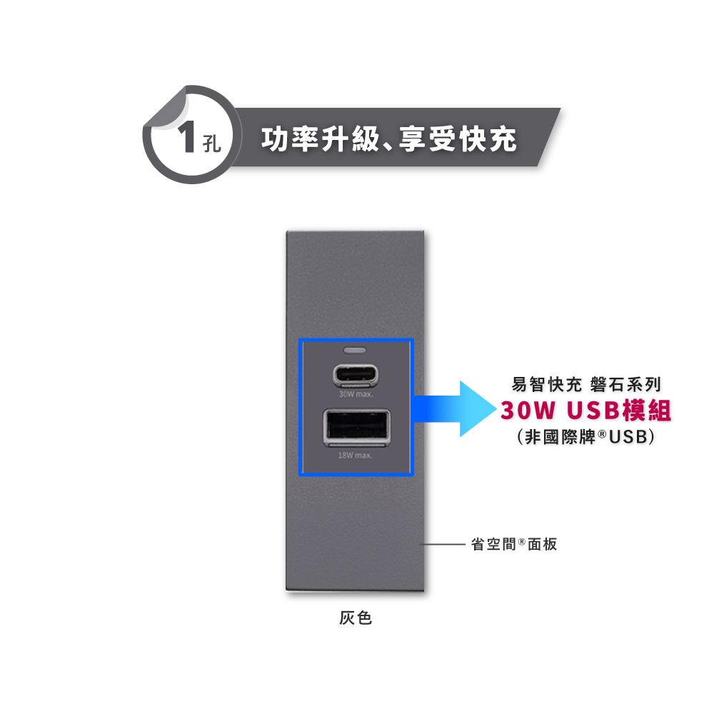 EZ CHARGER 易智快充 國際牌 Panasonic 省空間灰色面板-磐石30W USB(A+C)