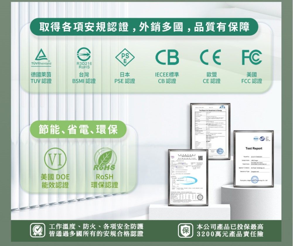 取得各項安規認證,外銷多國,品質有保障PSR3D216 CB 德國萊茵台灣日本IECEE標準歐盟美國TUV認證BSMI認證PSE 認證CB 認證CE認證FCC認證節能、省電、環保VIROHS美國 DOE能效認證環保認證ATSTest Report工作溫度、防火、各項安全防護皆通過多國所有的安規合格認證本公司產品已投保最高3200萬元產品責任險