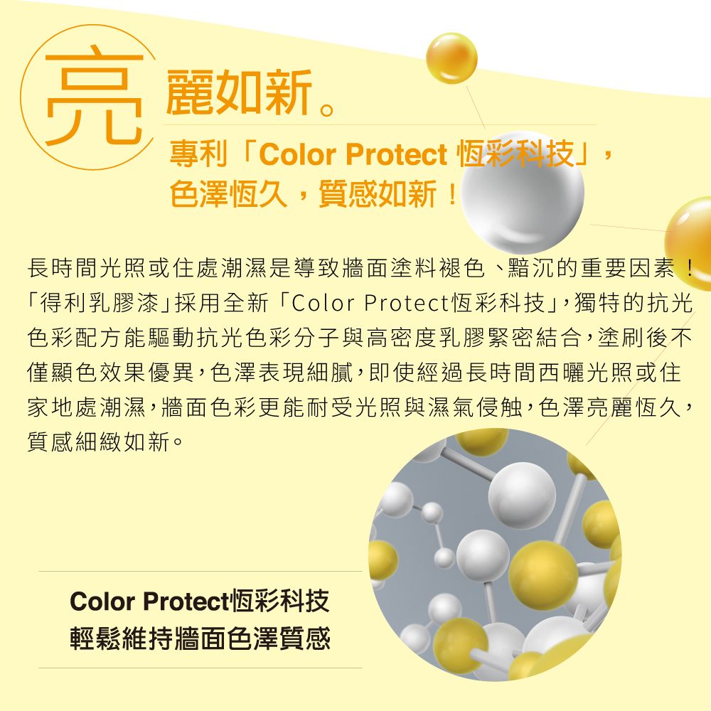 亮麗如新。專利「Color Protect 恆彩科技色澤恆久,質感如新!長時間光照或住處潮濕是導致牆面塗料褪色、黯沉的重要因素!「得利乳膠漆採用全新「Color Protect恆彩科技,獨特的抗光色彩配方能驅動抗光色彩分子與高密度乳膠緊密結合,塗刷後不僅顯色效果優異,色澤表現細膩,即使經過長時間西曬光照或住家地處潮濕,牆面色彩更能耐受光照與濕氣侵触,色澤亮麗恆久,質感細緻如新。Color Protect恆彩科技輕鬆維持牆面色澤質感