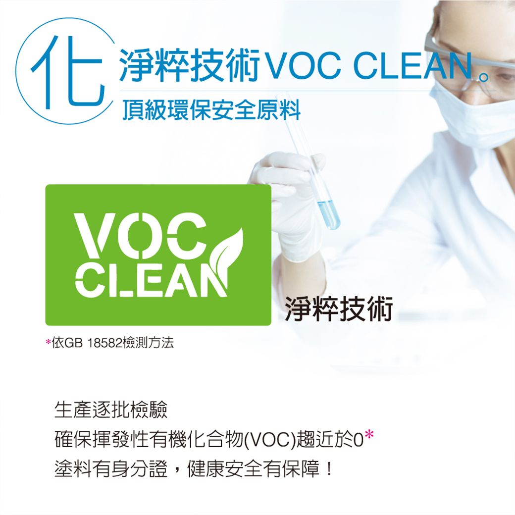 化淨粹技術 CLEAN。頂級環保安全原料VOCCIEAN*依GB18582檢測方法淨粹技術生產逐批檢驗確保揮發性有機化合物(VOC)趨近於0*塗料有身分證,健康安全有保障!