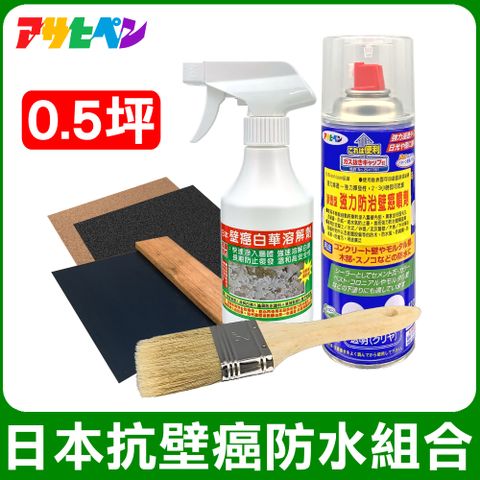 【日本朝日塗料】日本抗壁癌防水組合包 0.5坪 含壁癌處理劑420ML*1 白華強效溶解劑250ML*1 四吋刮板*1 二吋毛刷*1 砂紙*2