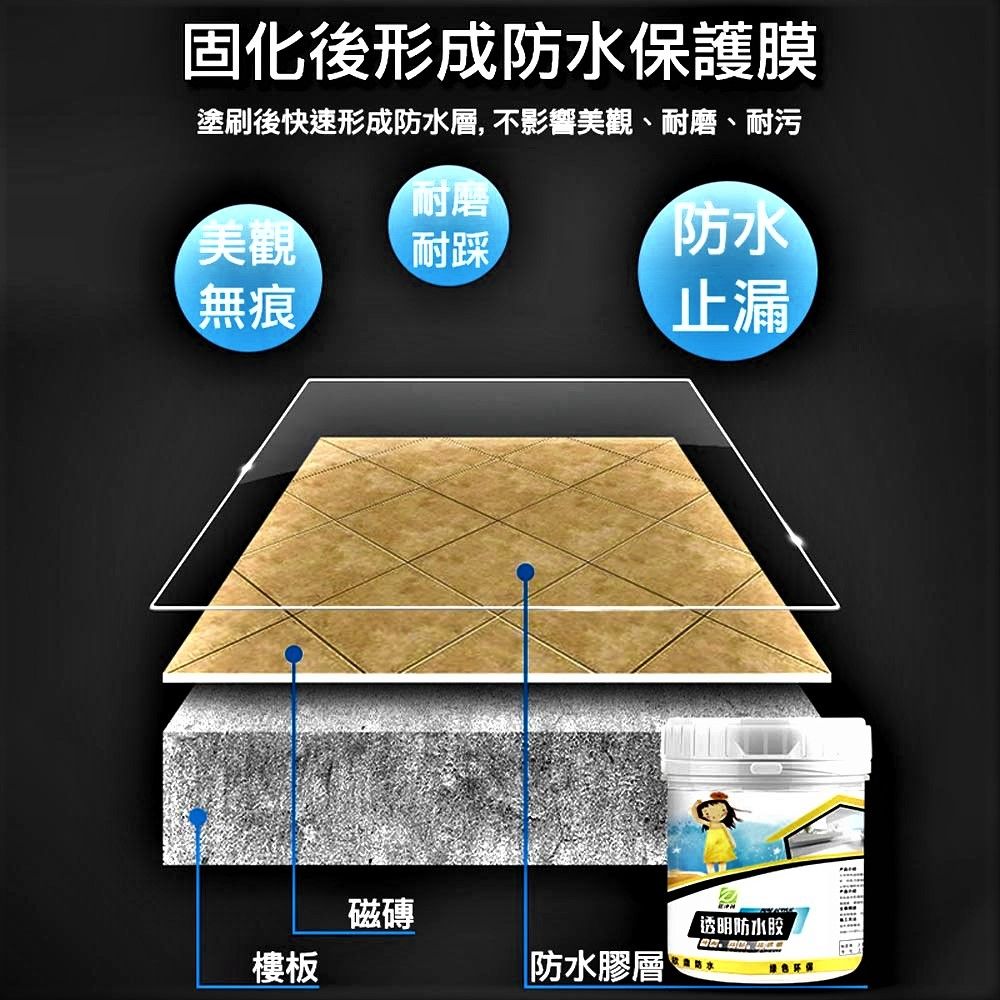 固化後形成防水保護膜塗刷後快速形成防水層,不影響美觀、耐磨、耐污耐磨美觀耐踩®防水無痕止漏樓板磁磚|防水膠層Ⓡ透明防水胶