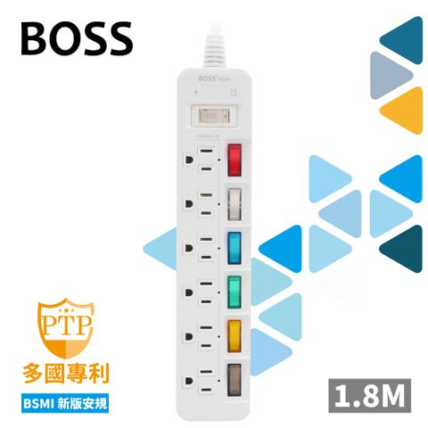 Boss 7開6插3P高溫斷電延長線-1.8米 S-59AN  (紙袋)