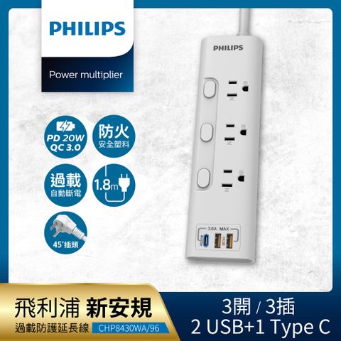 【Philips 飛利浦】新安規 3開3插 2USB+Type C PD 20W延長線1.8米-CHP8430