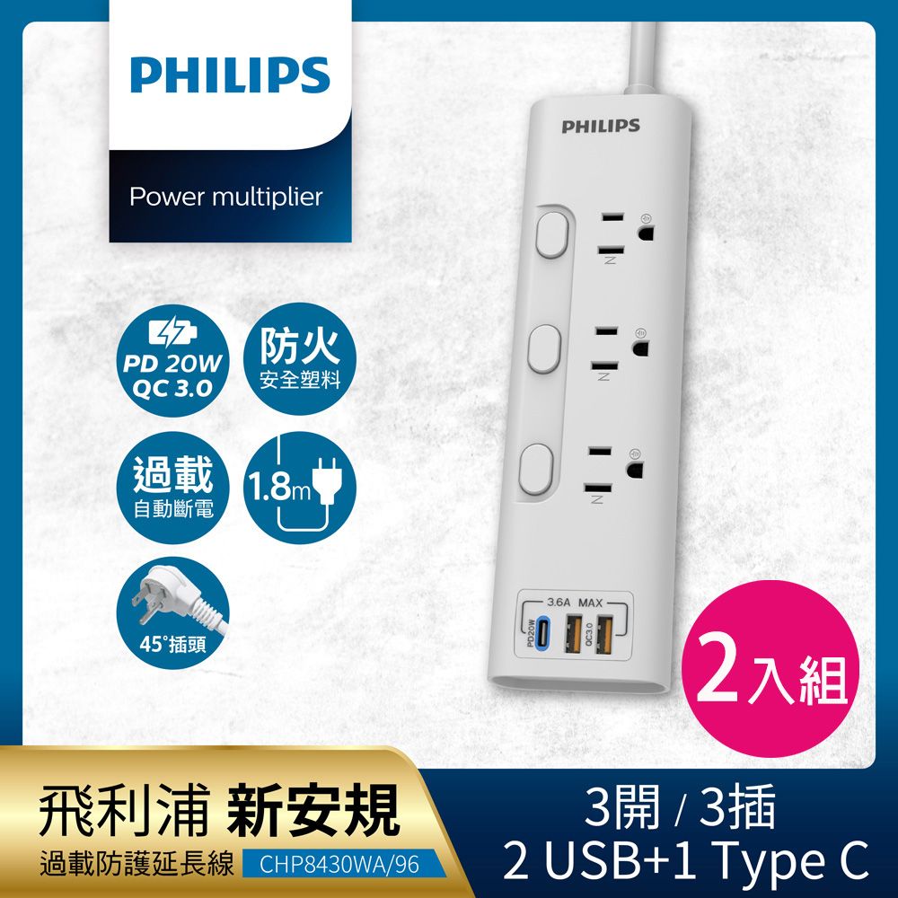 PHILIPS 飛利浦 新安規 3開3插 2USB+Type C PD 20W延長線1.8米 2入組-CHP8430