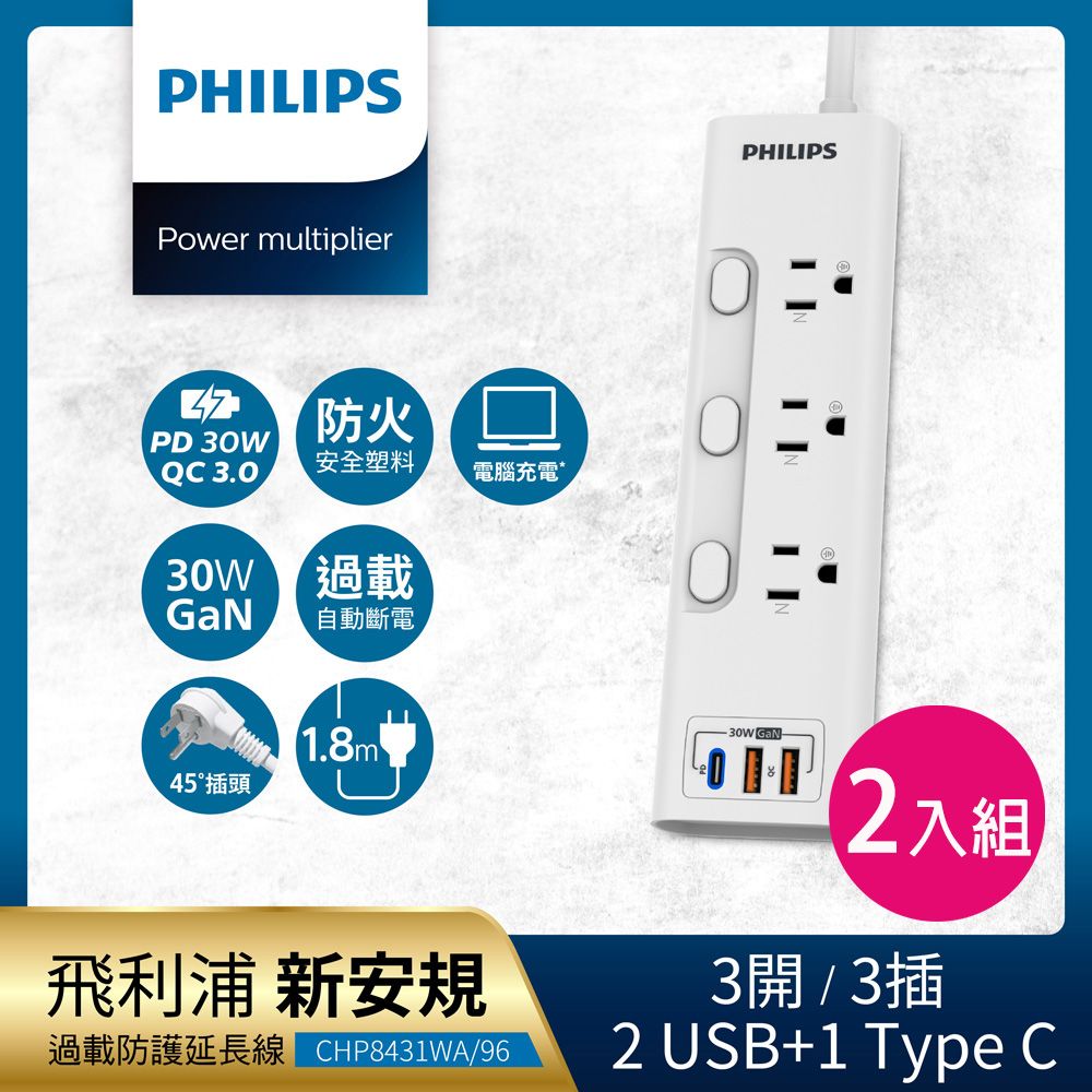PHILIPS 飛利浦 新安規 3開3插 2USB+Type C PD 30W GaN 氮化鎵延長線1.8米 2入組-CHP8431