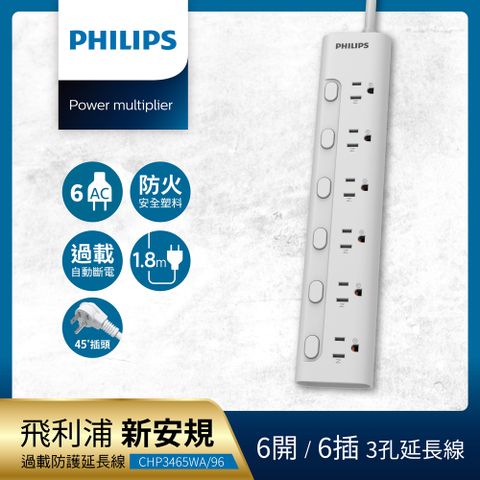 PHILIPS 飛利浦 6開6座延長線 1.8M - CHP3465