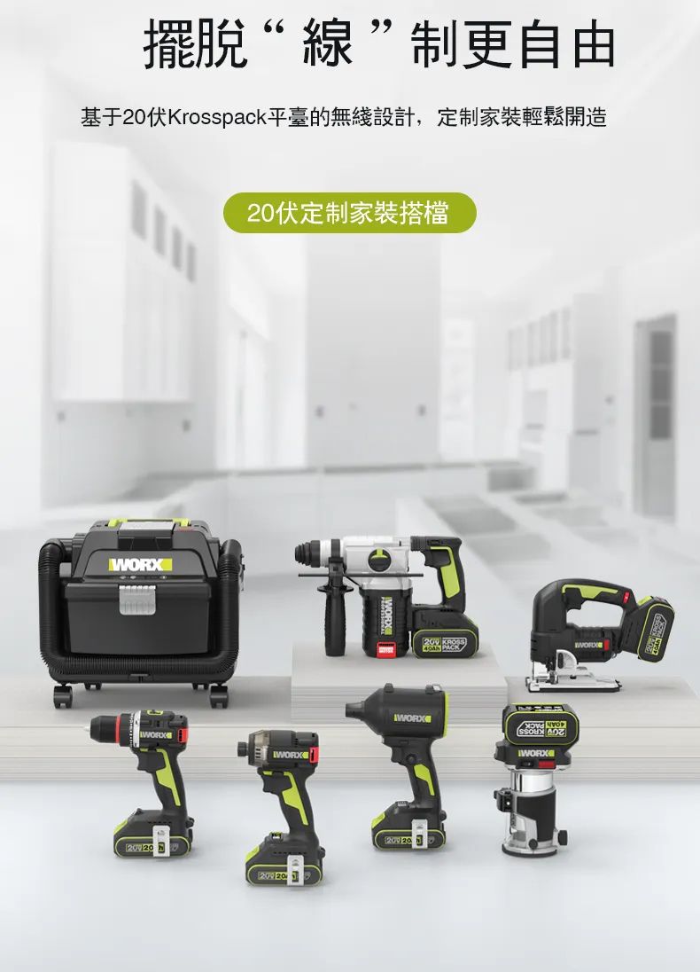 擺脫“線”制更自由基于20Krosspack平臺的無綫設計,定制家裝輕鬆開造WORX20定制家裝搭檔  PACK