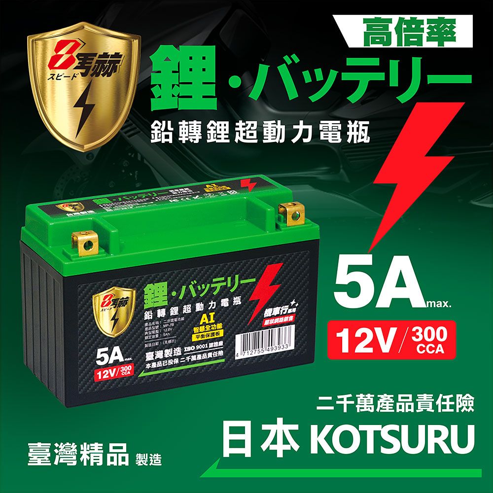 KOTSURU MP-7B 8馬赫 鉛轉鋰超動力機車電瓶 鋰鐵啟動電池 12V 300CCA 台灣製造