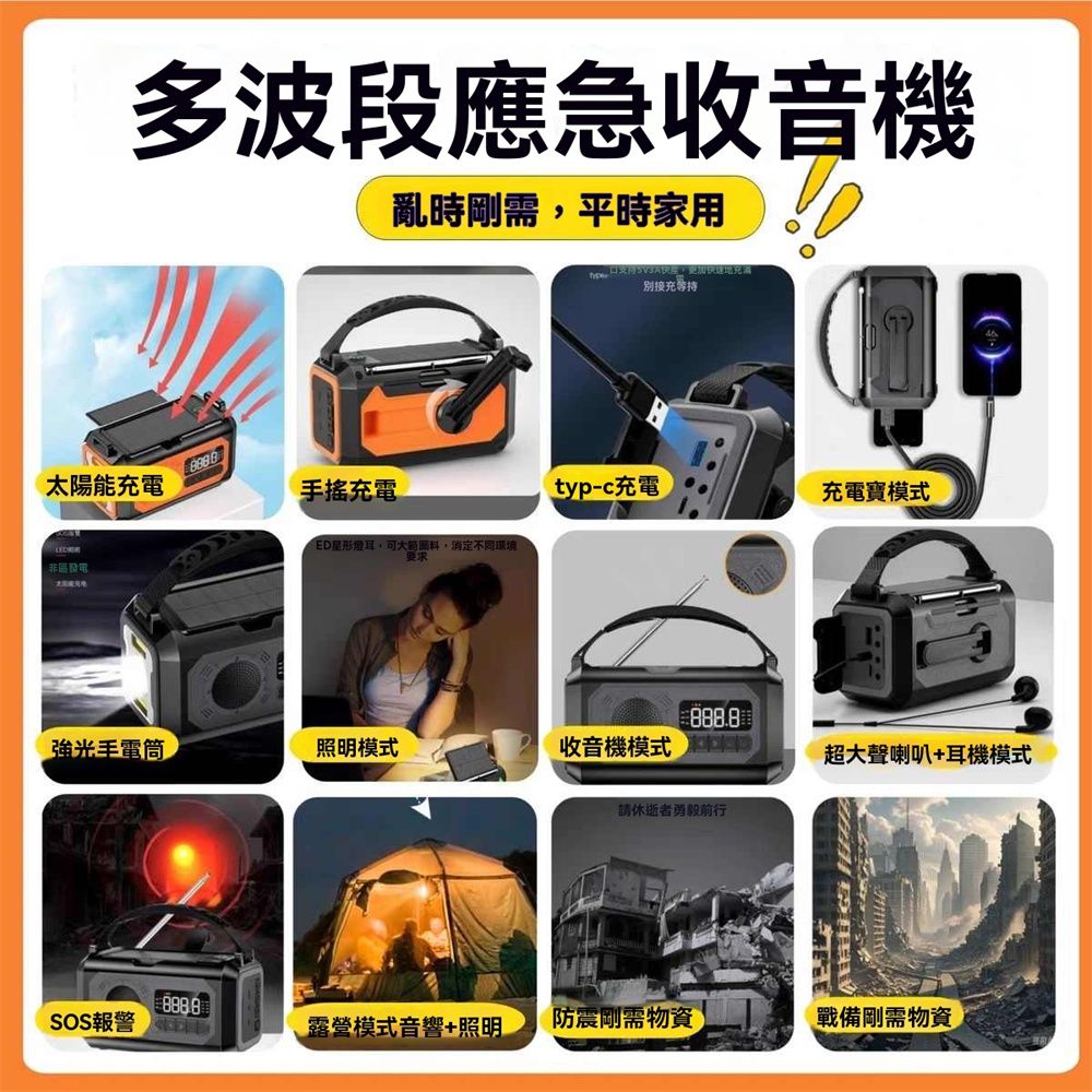 多波段應急收音機亂時剛需平時家用接充持太陽能充電手搖充電typ-c充電充電寶模式發電耳,定不同環境要求強光手電筒照明模式收音機模式 超大聲喇叭+耳機模式請休逝者勇毅前行SOS報警露營模式音響+照明防震剛需物資戰備剛需物資