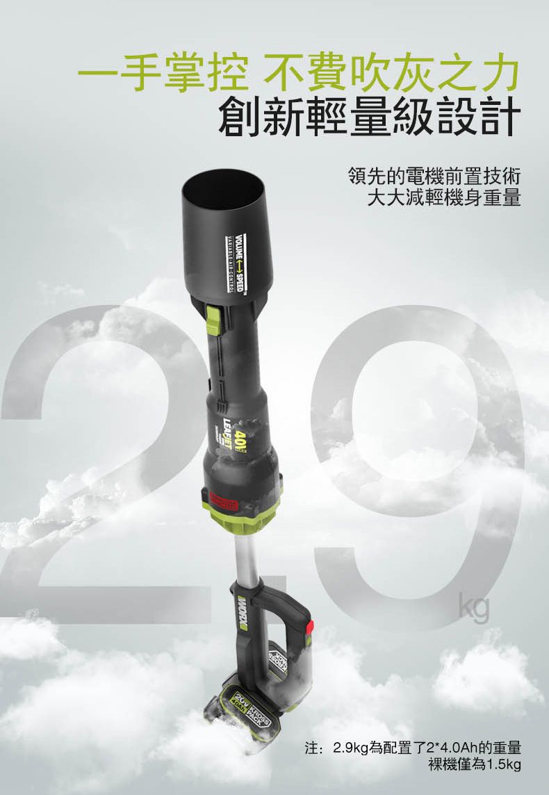 一手掌控 創新輕量級設計領先的電機前置技術大大減輕機身重量VOLUMESPEEDkg注:2.9kg為配置了2*4.0Ah的重量裸機僅為1.5kg