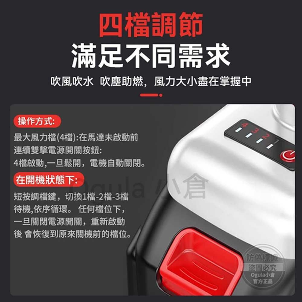 四調節滿足不同需求吹風吹水 吹塵助燃,風力大盡在掌握中操作方式最大風力檔(4檔):在馬達未啟動前連續雙擊電源開關按鈕:4檔啟動,一旦鬆開,電機自動關閉。在開機狀態下:: 短按調檔鍵,切換1檔-2檔-3檔待機,依序循環。 任何檔位下,一旦關閉電源開關,重新啟動後恢復到原來關機前的檔位。防偽標識盜圖必究Ogula小會官方正品