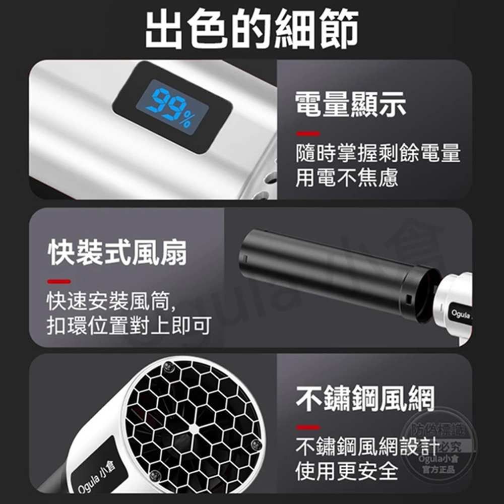 出色的細節99%電量顯示隨時掌握剩餘電量用電不焦慮快裝式風扇快速安裝風筒,扣環位置對上即可不鏽鋼風網Ogula 倉Ogula防偽標不鏽鋼風網設計Ogula小使用更安全官方正品