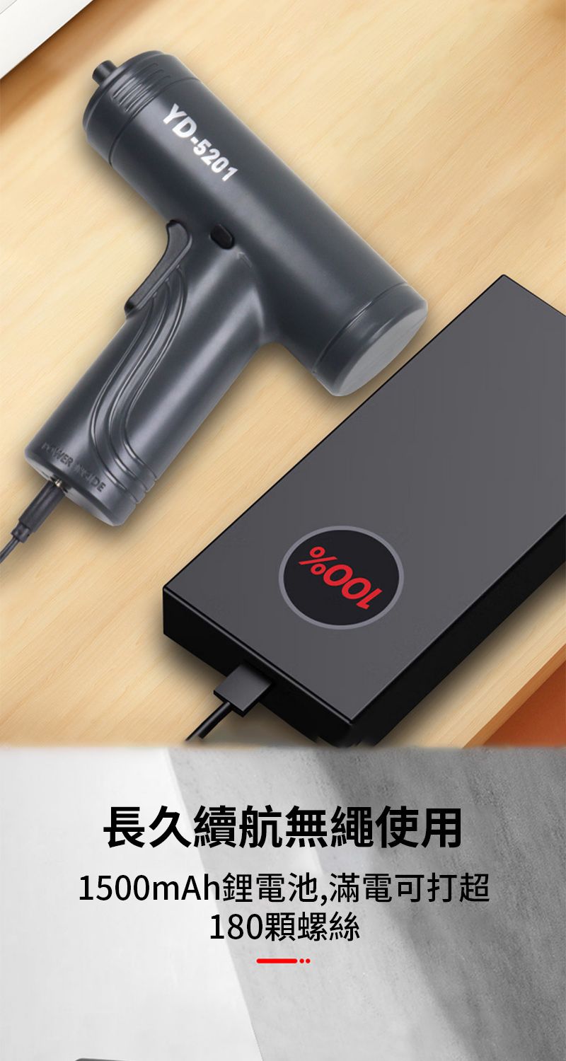 YD-5201 %長久續航無繩使用1500mAh電池,滿電可打超180顆螺絲