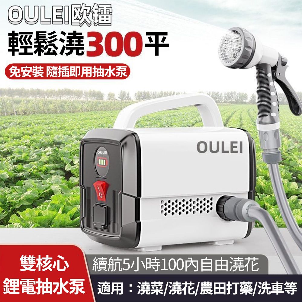 輕鬆300平免安裝 隨插即用抽水泵OULEIOULE雙核心 續航5小時100內自由澆花鋰電抽水泵適用:澆菜/澆花/農田打藥/洗車等