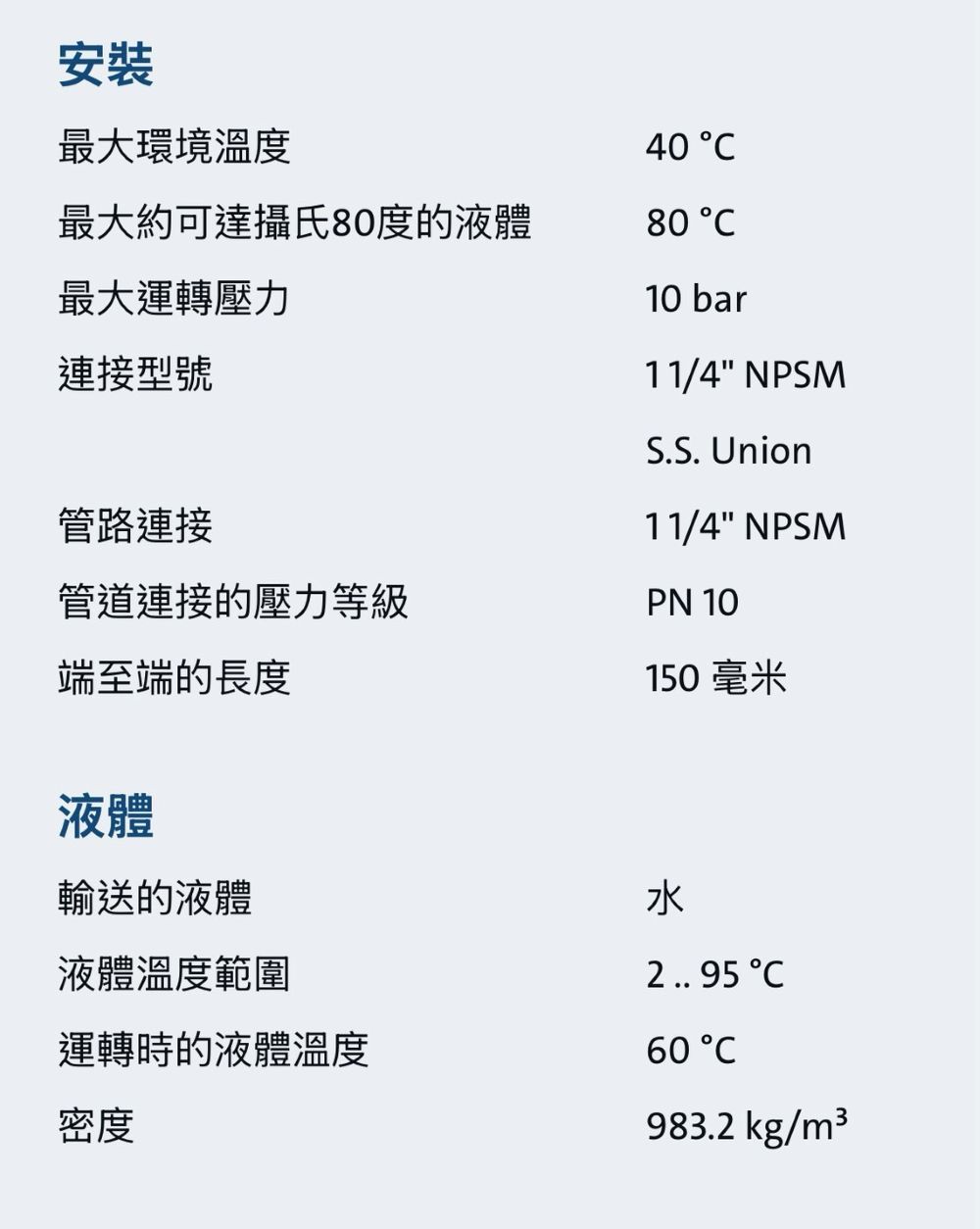 安裝最大環境溫度40 最大約可達攝氏80度的液體80 最大運轉壓力10 bar連接型號管路連接管道連接的壓力等級端至端的長度11/4 NPSMS.S. Union11/4 NPSMPN 10150毫米液體輸送的液體液體溫度範圍運轉時的液體溫度密度水2 .. 95 60 C983.2 kg/m3