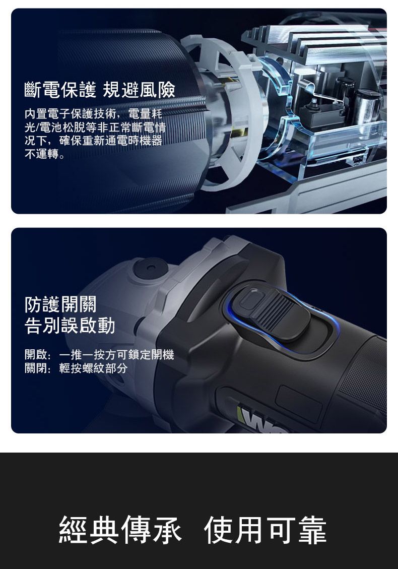 斷電保護 規避風險內置電子保護技術,電量耗光/電池等非正常斷電情况下,確保重新通電時機器不運轉。防護開關告別誤啟動開啟:一推一按方可鎖定開機關閉:輕按螺紋部分經典傳承 使用可靠