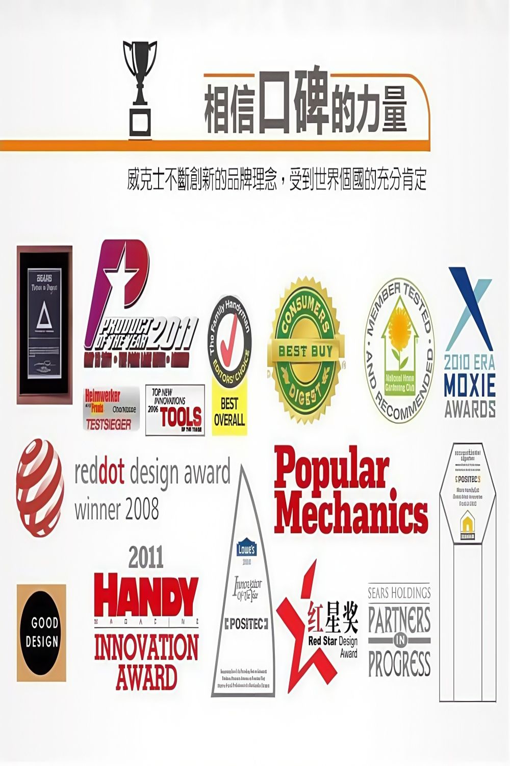 GODDESIGN相信口碑的力量威克士不斷創新的品牌理念,受到世界個國的充分肯定  CHOBEST BUYTEST  DED010 ERAMOXIEAWARDSHelmwerkerTESTSIEGERTOP NEWINNOVATIONS2006BESTTOOLS  design award Popularwinner 20082011HANDY 2INNOVATIONAWARD     MechanicsSEARS HOLDINGS红星奖 PARTNERSRed Star DesignAwardPROGRESSO