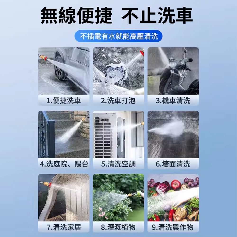 無線 不止洗車不插電有水就能高壓清洗1.便捷洗車2.洗車打泡3.機車清洗4.洗庭院、陽台5.清洗空調6.墻面清洗7.清洗家居8.灌溉植物9.清洗農作物