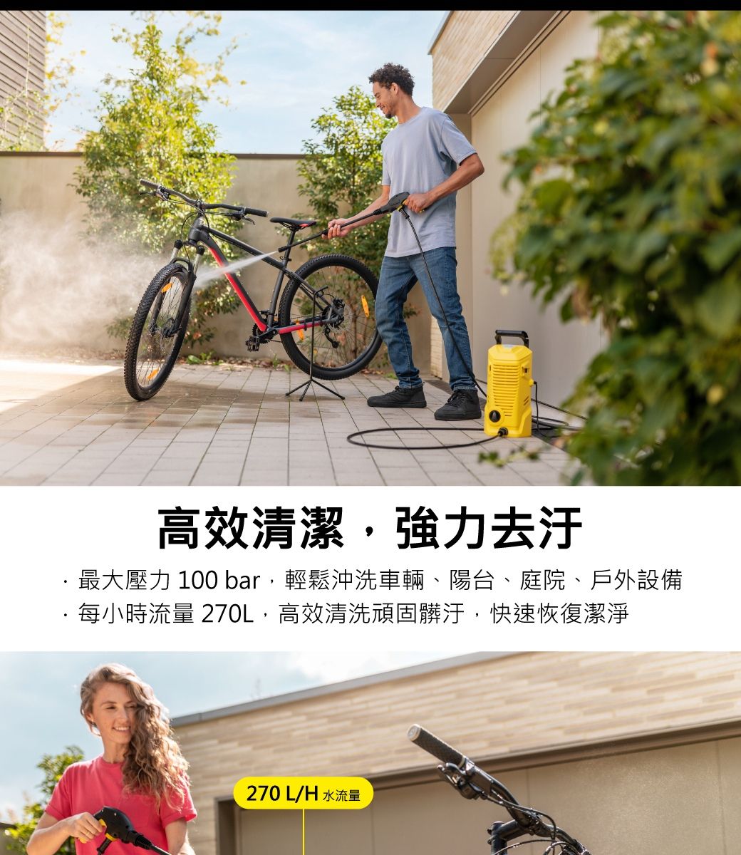 高效清潔,強力去汙·最大壓力 100 bar,輕鬆沖洗車輛、陽台、庭院、戶外設備每小時流量 270L,高效清洗頑固髒汙,快速恢復潔淨270 L/H 水流量