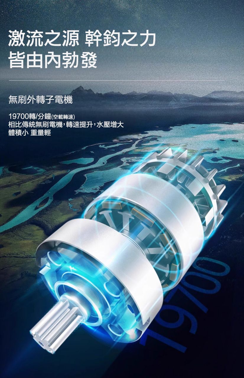 激流之源 幹鈞之力皆由內勃發無刷外轉子電機19700轉/分鐘(空載轉速)相比傳統無刷電機,轉速提升,水壓增大體積小 重量輕