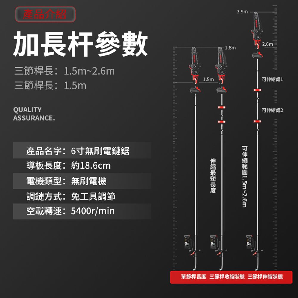 產品介加長杆參數三節桿長:1.5m三節桿長:1.5mQUALITYASSURANCE.產品名字:6寸無刷電鏈鋸導板:約18.6cm電機類型:無刷電機調鏈方式:免工具調節空載轉速:5400r/min2.9m2.6m1.8m1.5m處1長度可伸縮處2可伸縮1.5m~2.6m單節桿長度 三節桿收縮狀態 三節桿伸縮狀態