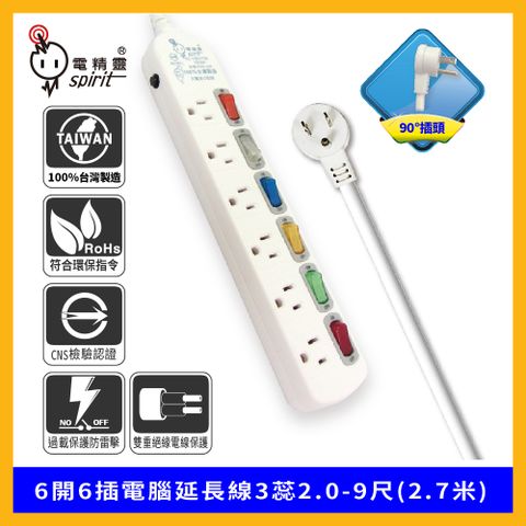 spirit 電精靈 過載防護型 PSK-336B 6開6插電腦延長線3蕊2.0-9尺